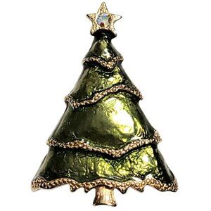 Liz Claiborne Christmas Tree Green Enamel Gold Tone Pin Brooch, Signed